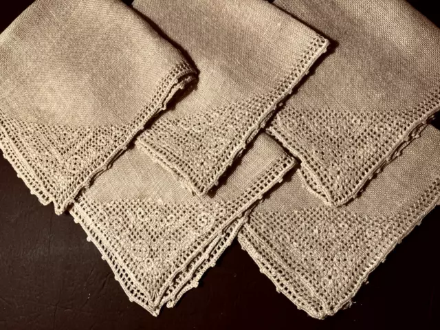 five Italian Unbleached Linen Napkins HM Pulled Thread Embroidery Crochet Hem