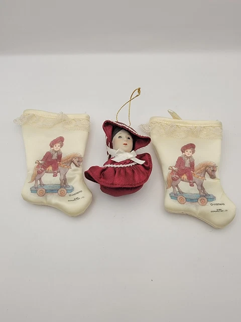 Vintage Giordano Miniature Christmas Ornament Stockings W/ Russ Berrie Ornament