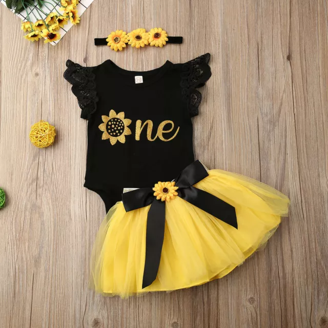 3PCS Baby Girl 1st Birthday Outfit Party Flowers Romper Cake Smash Tutu Dress