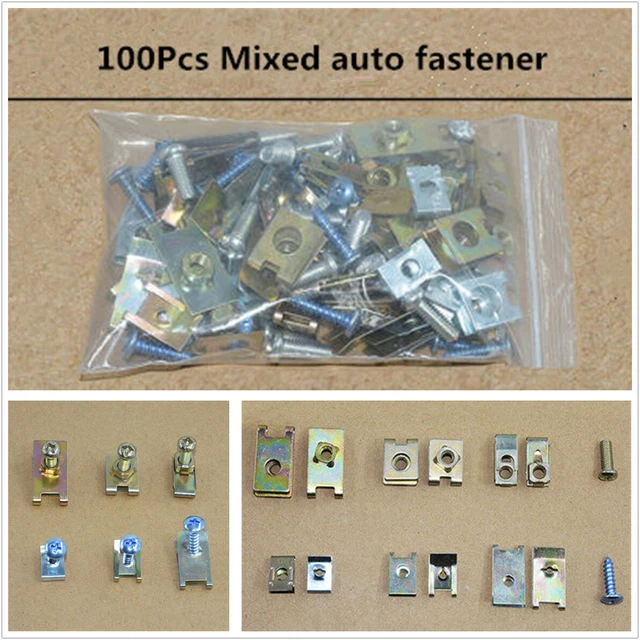 100X Mixed Car Body Door Panel Fastener Screw U Type Gasket Fender Metal Clips