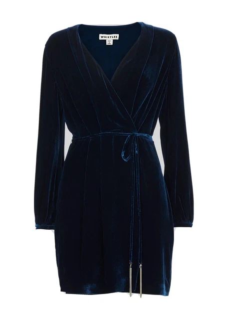 Whistles Lavone Silk Mix Velvet Wrap Dress UK 6 8 Dark Blue RRP 189 Christmas