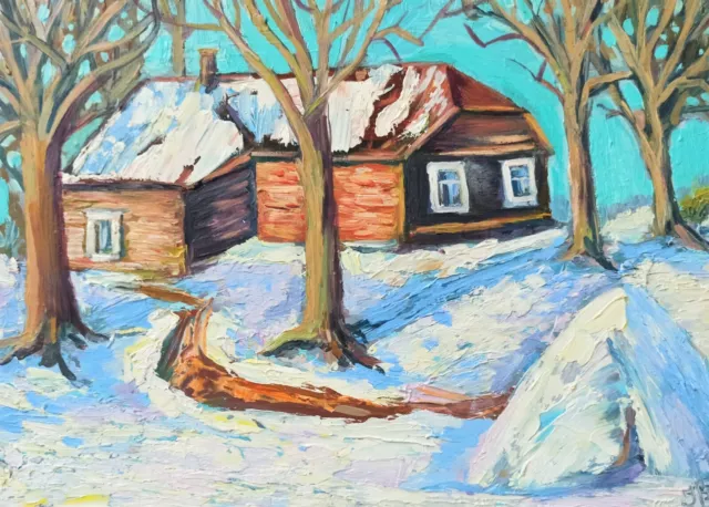 Winter Snowy Original Landscape Art Oil Painting on panel 7x10 in of Old Village