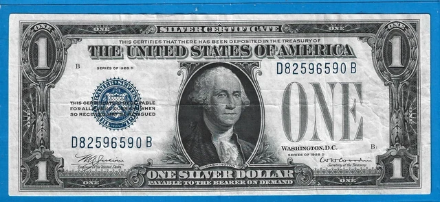1928 D $1 Silver Certificate Funny Back,Scarcer D Series,Blue Seal,Crisp VF,Nice