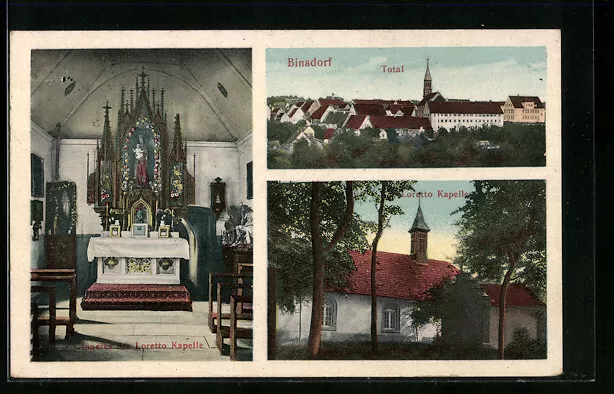 Ansichtskarte Binsdorf, Totalansicht, Loretto Kapelle, Inneres 1915