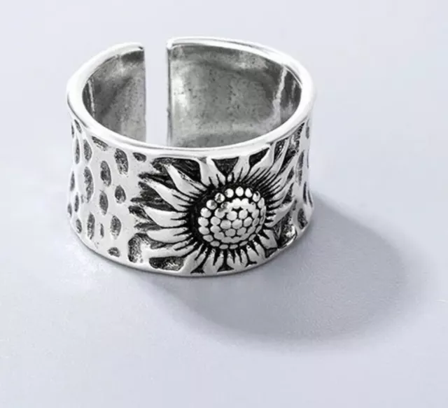 Anello grosso argento, fascia anello argento girasole, anello pollice, anello boho regolabile