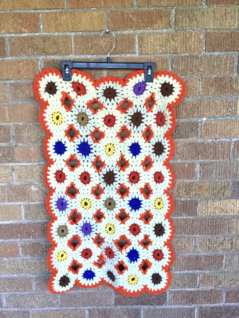 Vintage Handmade Granny Square Crochet Mini Afghan Baby Blanket Orange 1970s