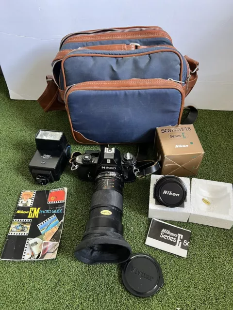 Nikon EM SLR Film Camera w/ Nikon 50mm f/1.8 & Vivitar 28-55mm Lens, Flash, Bag