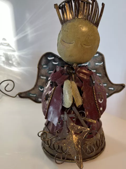 Primitive Style Angel Sculpture Tea Light Candle Holder Metal Red, Bronze 9.5”