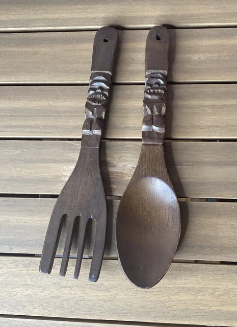 Vintage TIKI TOTEM Wooden Carved FORK & SPOON Wall ART Decor WOOD Retro MCM