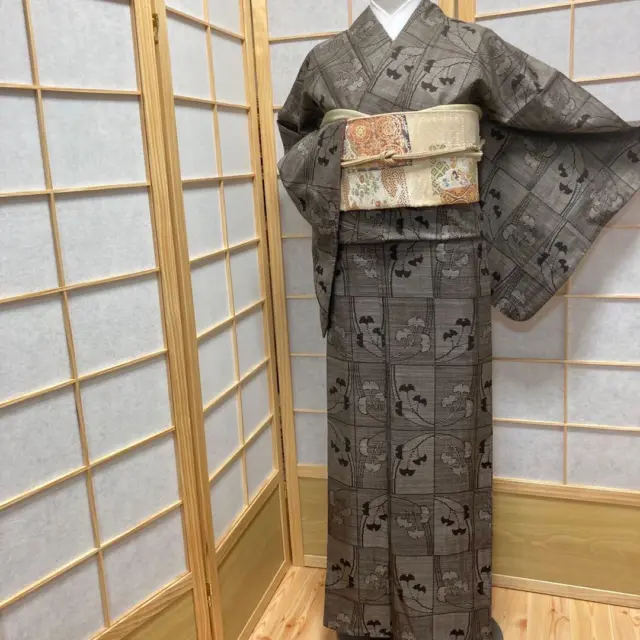8677# Japanese kimono Vintage Pure Silk Robe Gingko Kimono only sold 163cm