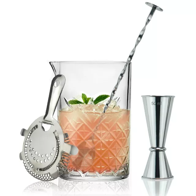 4 Piece Cocktail Mixing Set Glass Pitcher Hawthorne Strainer Jigger Mixing Spoon