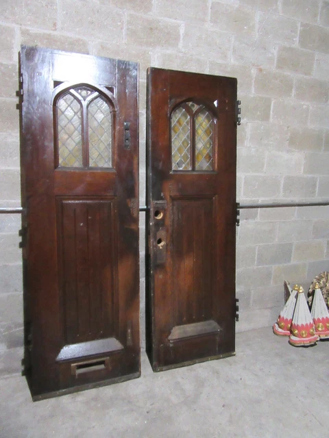 ~ Antique Gothic Oak Double Entrance French Doors With Stained Glass ~ 55 X 84 8