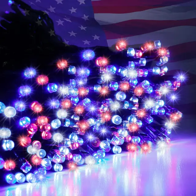 200LED Outdoor String Lights 4Th of July Decorations, 66FT Red White and Blue Li