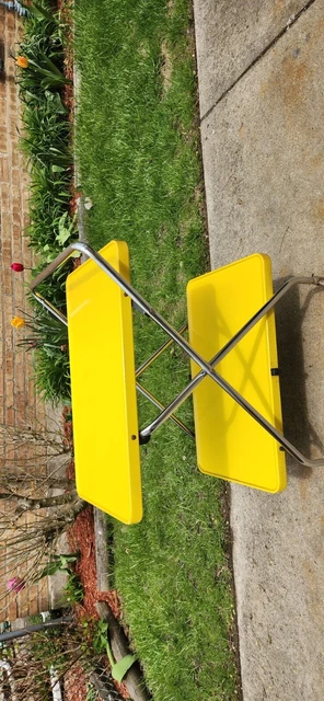 RARE Find Unique Vintage Cosco 2 Tier Rolling Metal Folding Cart Yellow & crome