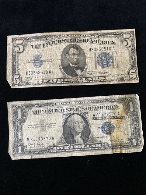 ✯RARE✯ Lot Pair $1 1935-1957, $5 1934 Blue Seal Silver Certificate Note Old Bill 3