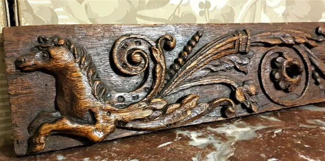 2 Horse scroll carving pediment . Antique french architectural salvage 17 th C .