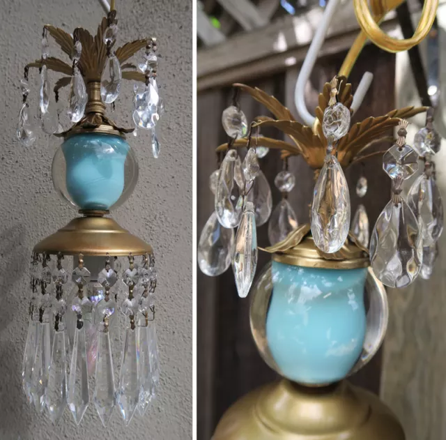 Vintage Turquoise aqua blue glass globe tole Brass lamp lantern chandelier