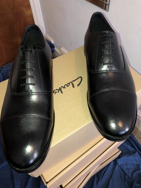 CLARKS OLIVER CAP 2 Black Leather shoes Size 10 Uk Fit H wide