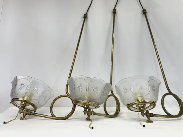 3 Antique Converted Gas Lamp Pendants Gasolier Arts Crafts Deco Victorian Lights
