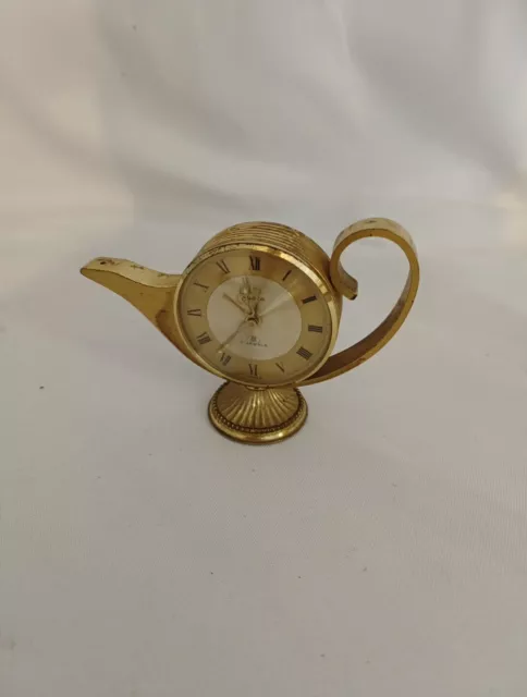 Vintage Brass Swiza 8 Day Swiss Alladins Lamp Shape. Desk Alarm Clock Working...