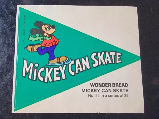 1975 Wonder Bread Disney Crazy College Pennant Sticker #25 Mickey Can Skate