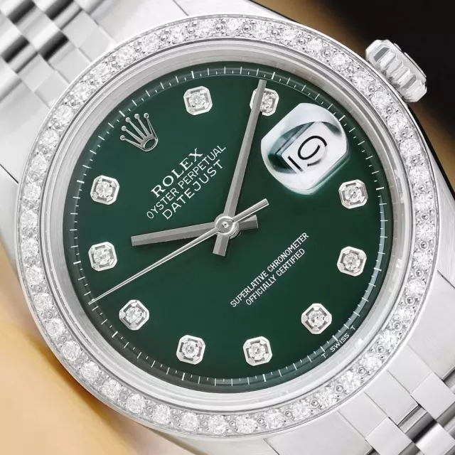 ROLEX MENS DATEJUST GREEN DIAL 18K GOLD STEEL DIAMOND WATCH w/ JUBILEE BAND