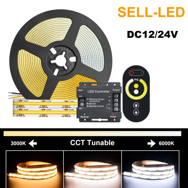 COB CCT LED Strip Lights 608 LEDs/m High Density Flexible Dimmable FOB DC12V/24V