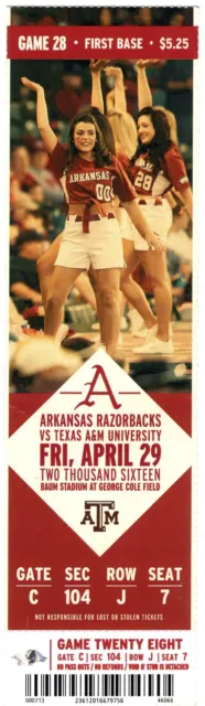 Arkansas Razorbacks SEC Baseball Ticket Stub Texas A&M Game 4/29/16 Baum Stadium
