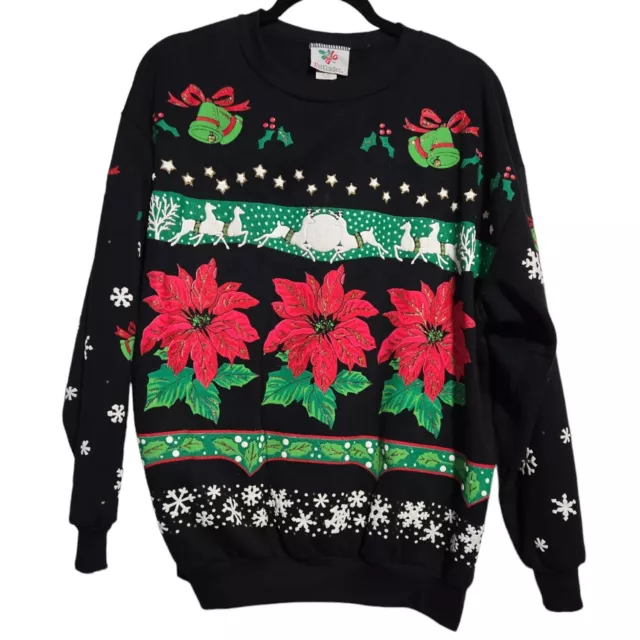 VINTAGE NUTCRACKER BRAND Christmas Sweater Ugly Poinsettias. Black Size ...