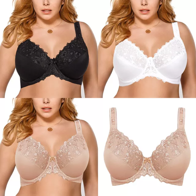 Ladies Plus Size Lace Bra Large Bust Underwired Full Coverage Bras DDD F G  GG H