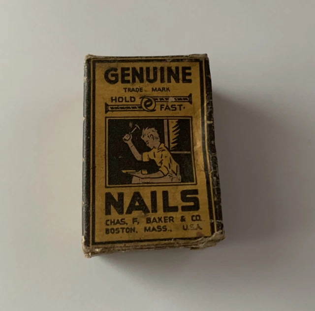 Old Vintage Hammering Nails In Original Box Genuine Hold Fast Chas F Baker Co.