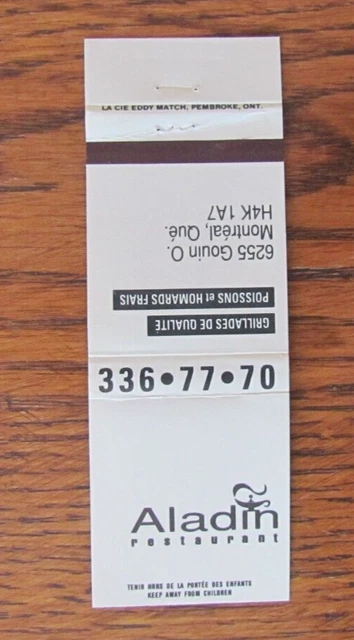 Aladin Restaurant Matchbook Cover: Montreal, Quebec Empty Matchcover -C4