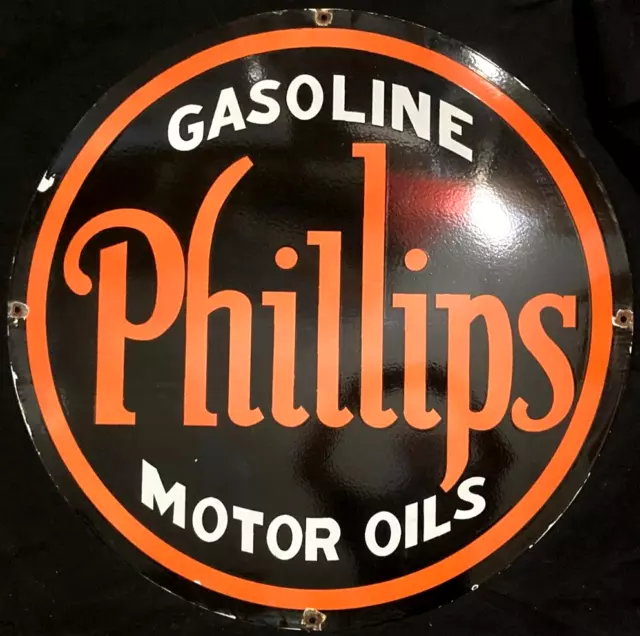 Vntg Art PHILLIPS GASOLINE MOTOR OILS PORCELAIN ENAMEL SIGN Rare Advertising 30"