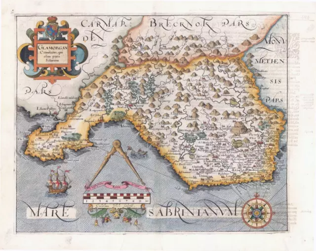 1607 RARE 1st Edition Original Antique Map GLAMORGAN Wales by Saxton Kip/Hole S2