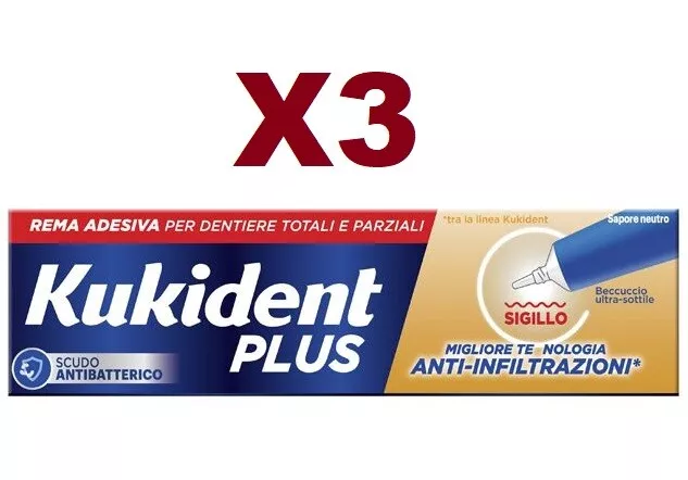 3Pz Kukident Plus Sigillo Anti Infiltrazioni Crema  Adesiva Per Protesi Dentiera