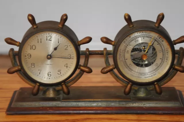 Antique 1955 CHELSEA Bronze Nautical Ship's Wheel Clock & Barometer Desk Set Old