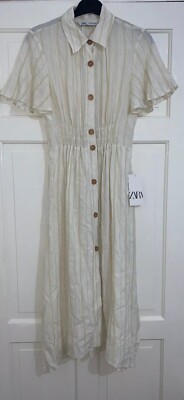 Zara Ecru Rustic Striped Buttoned Dress With Lining Size Xs Bnwt Rrp £50