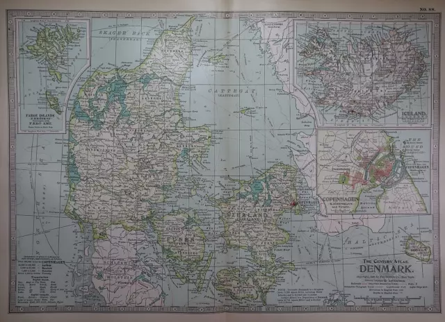Old 1902 Century Atlas Map ~ DENMARK - ICELAND ~ (12x16) -#1156