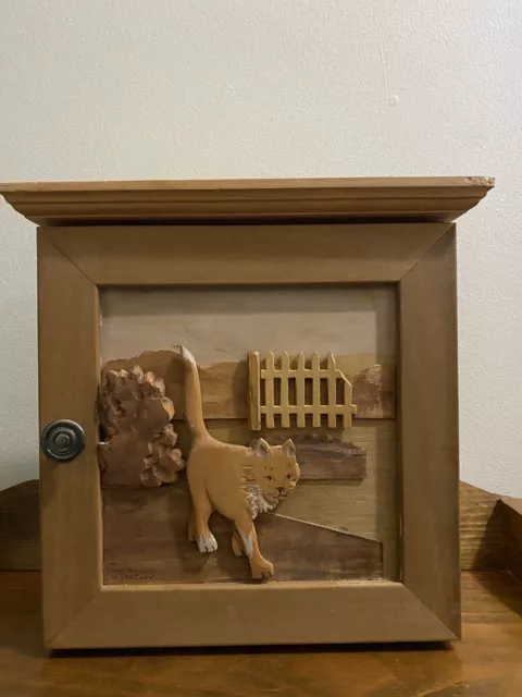 Wooden Key Box Holder Cabinet~6 hooks Cat Carving Wall Hanging  Sing Van De Carr