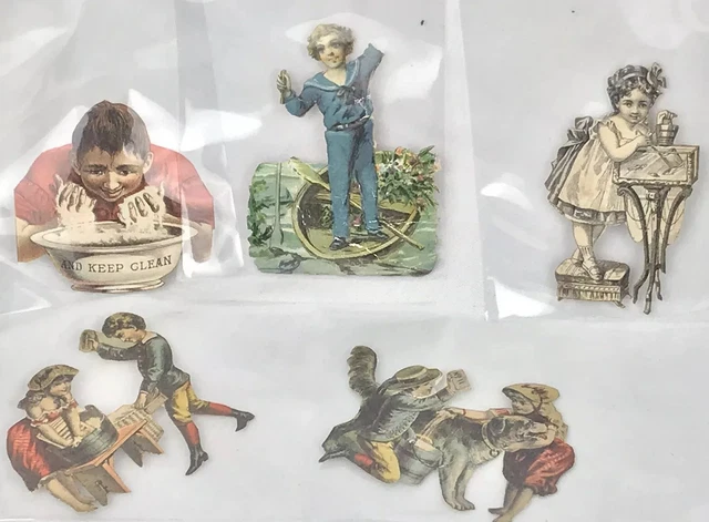 Victorian Die Cut Paper Scrap Lot Of 5 Washing Dog Cleaning Up Vintage Antique