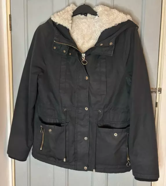 Topshop Women's UK Size 12 Navy Hooded Zip Up Coat Faux Fur Inside