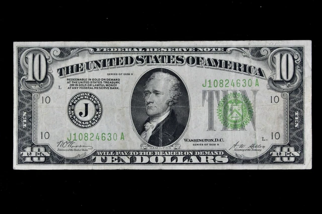 $10 1928B light green seal Federal Reserve Note J10824630A series B Kansas City