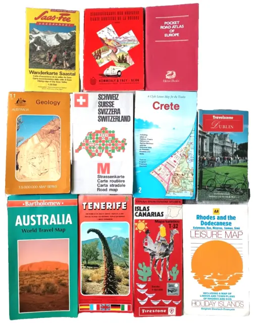 11 X Tourist Maps Europe, Switzerland, Rhodes, Canaries, Crete, Australia Etc a