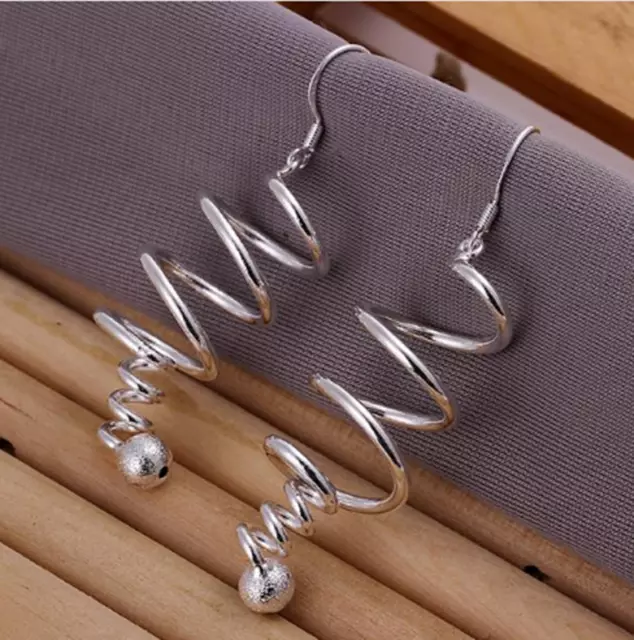 Womens Sterling Silver Twist Spiral Bead Ball Long Drop Dangle Earrings #EA101
