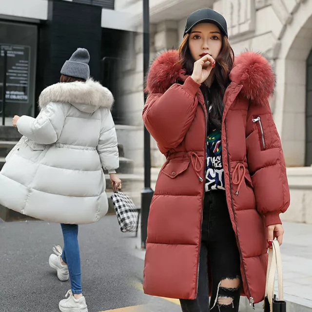 Womens Winter Coat Hooded Jacket Faux Fur Fashion Zip Slim Long Parka Outweats