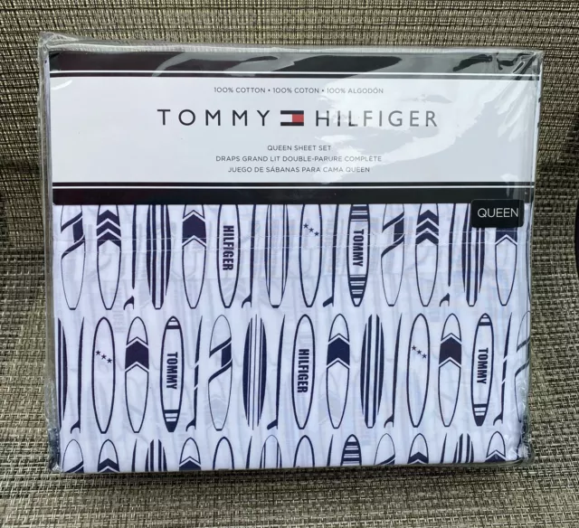 Tommy Hilfiger Vintage Indigo Surf Boards Surfing Cotton QUEEN Sheet Set 4 $100