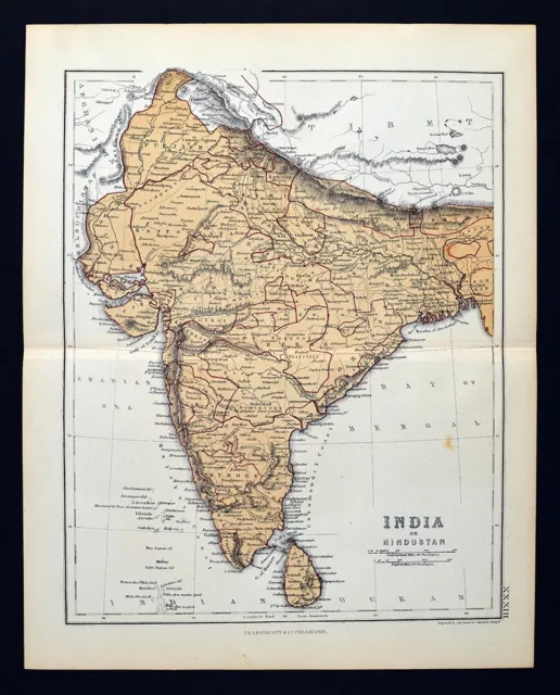 1869 Chambers Map India Hindoostan Nepal Tibet Ceylon Calcutta Bombay Pakistan