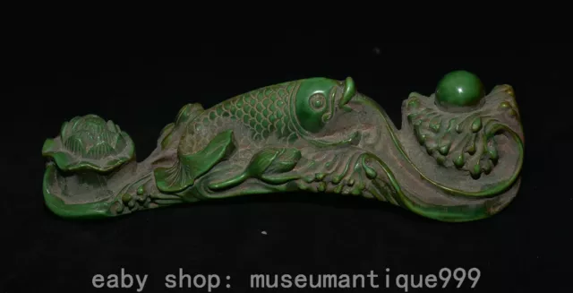 8.4'' Ancient Chinese Green Jade Carved Lotus Flower Lucky Ruyi Fish Statue