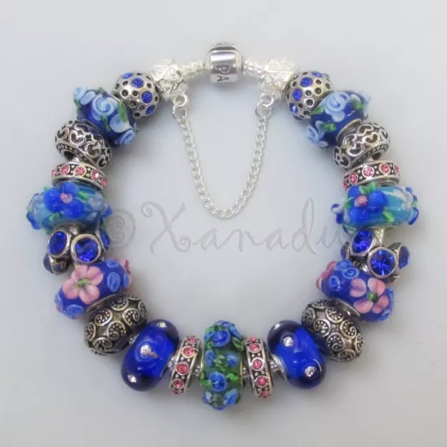 Genuine Pandora Bracelet With European Royal Blue Floral Artisan Murano Beads