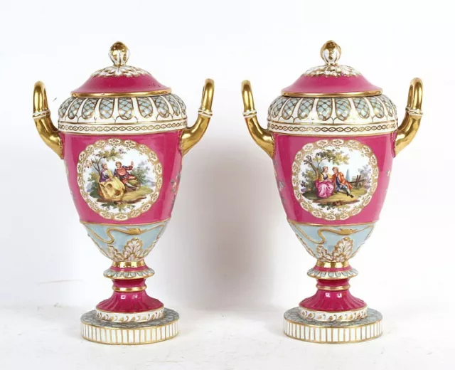 Antique Pair Pink Gilt Ground Porcelain Covered Urns, Dresden 1883